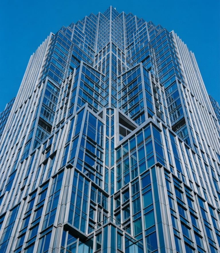 Wide-angle architectural detail of a modern financial district skyscraper with sharp geometric lines, bright high-contrast daylight, cobalt blue and cool grey tones, 35mm