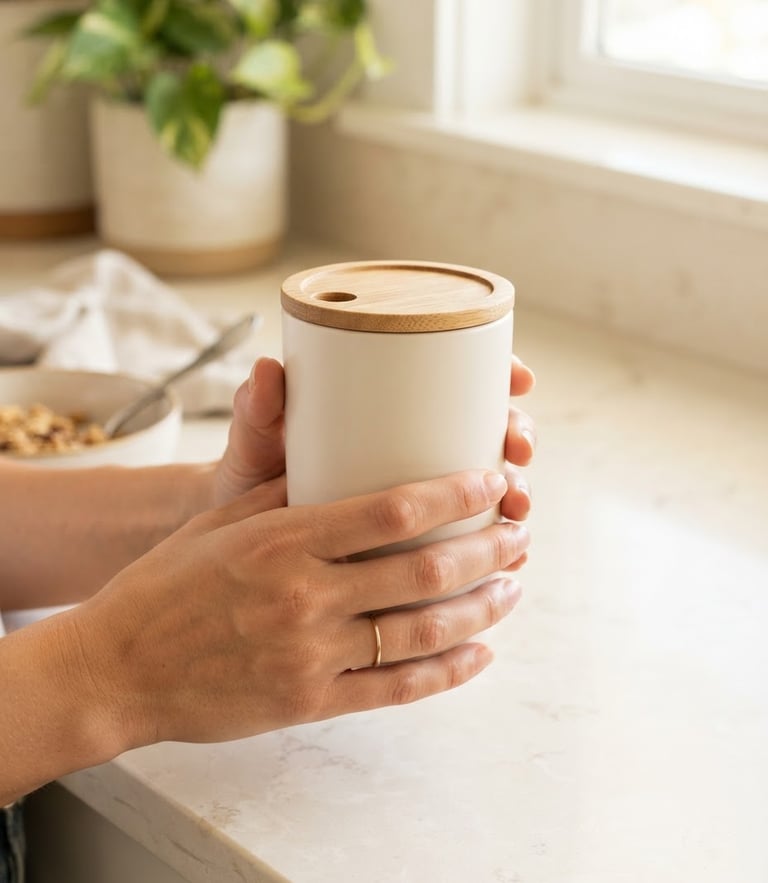 A close-up of hands holding a clean, minimalist ceramic travel mug on a bright, modern kitchen counter, soft morning sunlight, warm cream background.