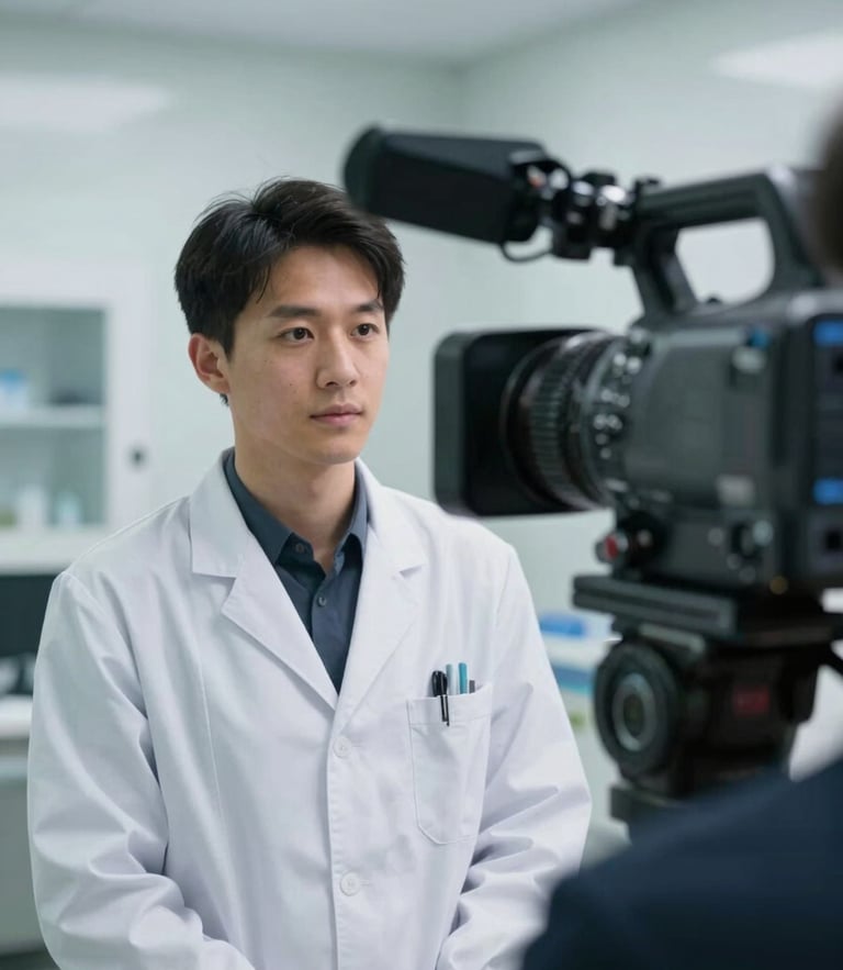 Over-the-shoulder view of a professional video camera filming a doctor in a bright, modern medical office, cool crisp lighting, soft background blur.