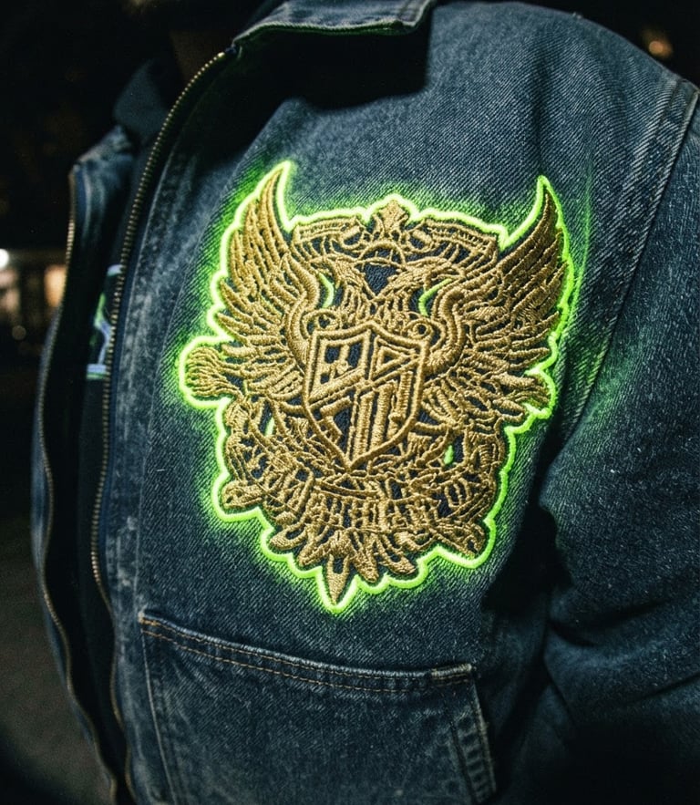 Close-up direct flash shot of heavy gold streetwear embroidery on a deep slate blue jacket, high-contrast neon under-glow
