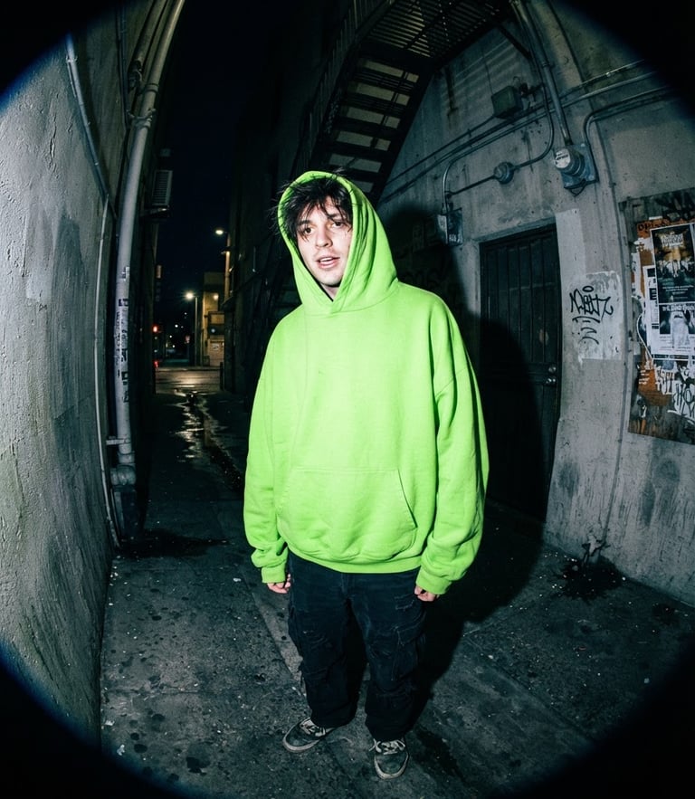 Gritty flash photography of a fan wearing an oversized electric lime green hoodie in a concrete alleyway, wide-angle fish-eye lens, direct lighting