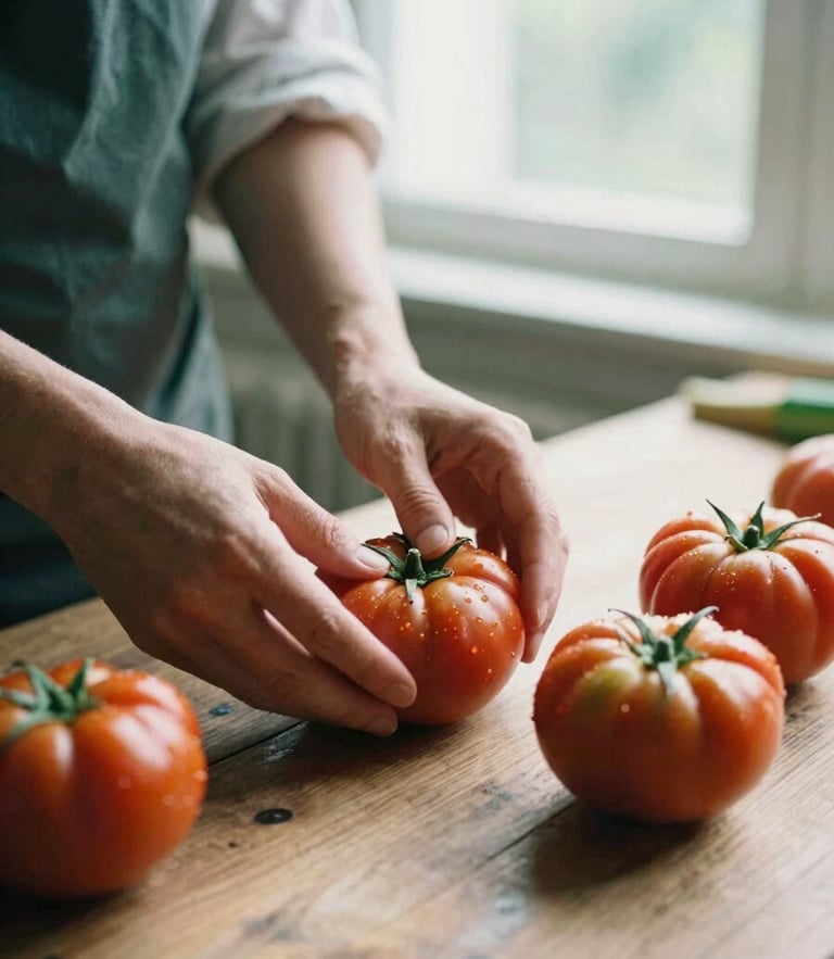 Hands of a chef gently arranging fresh heirloom tomatoes on a rustic wooden table, soft afternoon window light, warm editorial photography style.