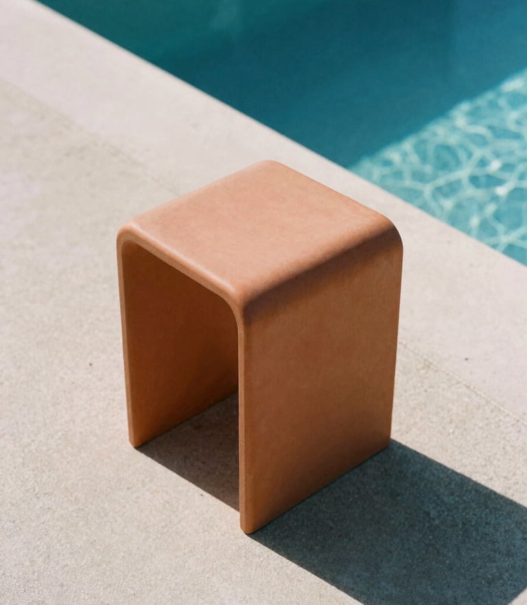 Low-angle architectural shot of a terracotta monobloc stool on concrete poolside, harsh direct midday sun casting sharp graphic shadow, matte polymer texture, 35mm film.