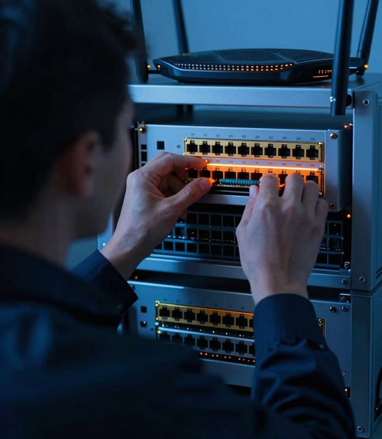 An engineer in a dark uniform configuring a router on-site, over-the-shoulder view, cool blue ambient light with sharp orange highlights, 35mm