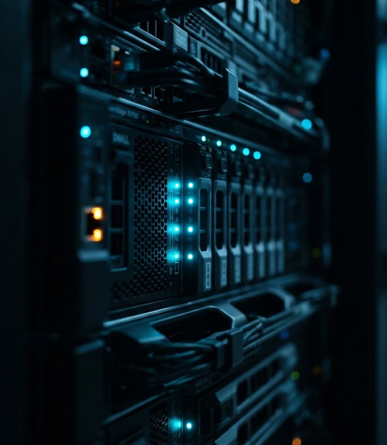 Macro shot of a clean server rack with glowing electric cyan status lights, low-key technical dark mode photography, shallow depth of field, 35mm