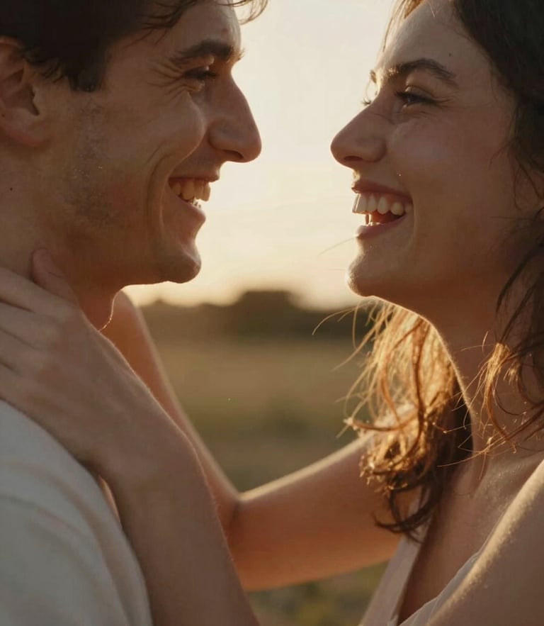 Intimate close-up of a couple laughing mid-motion, warm sun-drenched backlight, golden-hour glow, shallow depth of field, 35mm film aesthetic
