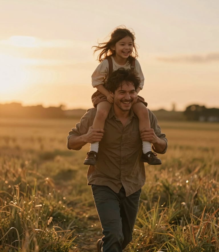 A father carrying his laughing daughter on his shoulders, running through a sun-drenched field, warm sunset flare.