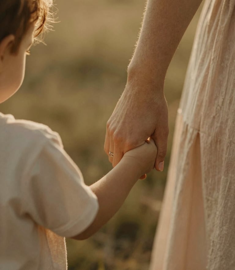 Intimate close-up of a mother holding her child's hand, soft diffused golden light, warm earthy tones, shallow depth of field.