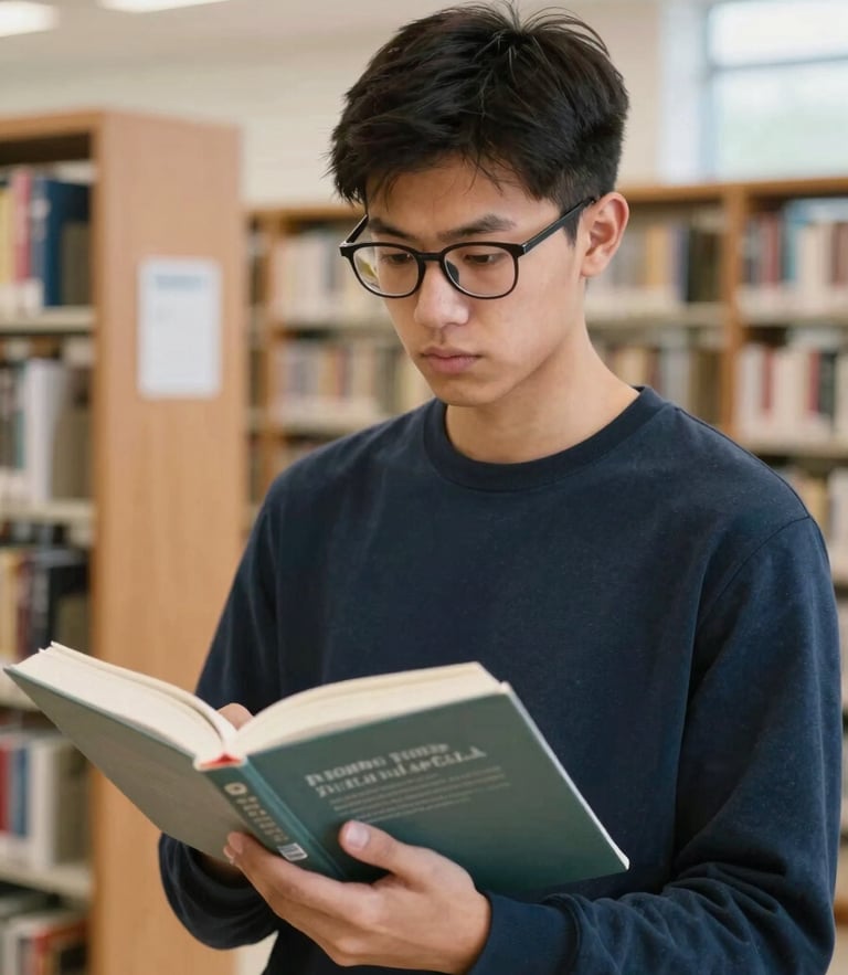 A medium-close environmental portrait of a focused student in a bright, naturally lit university library, holding a textbook, looking determined, 35mm lens, documentary style