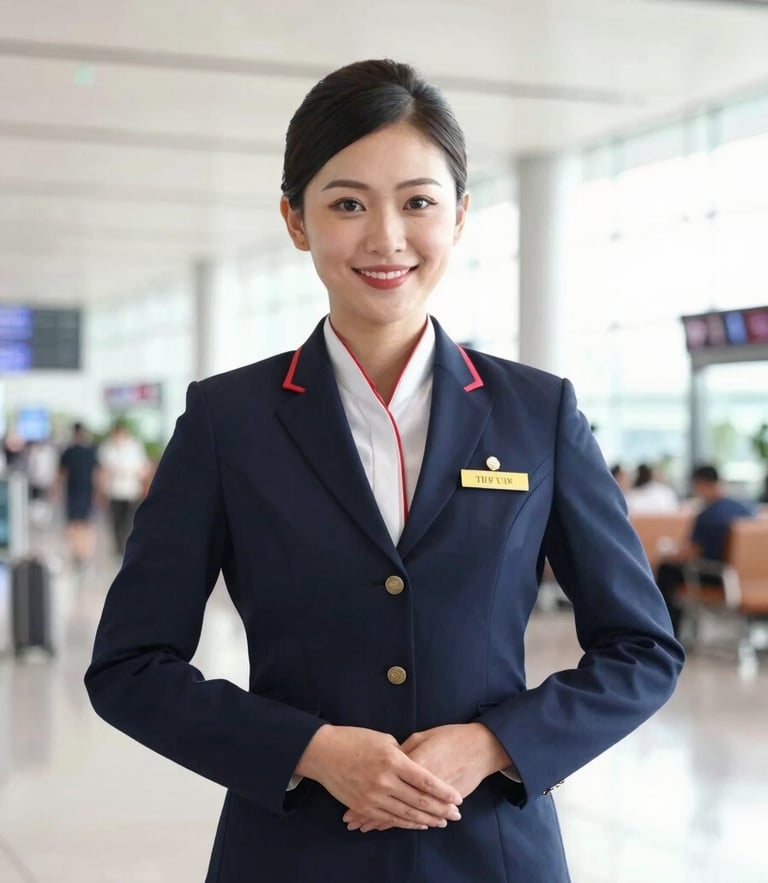 A smiling airport VIP greeter in a tailored uniform holding a personalized gold name board inside a bright, modern, sunlit Vietnamese terminal, shallow depth of field, 35mm
