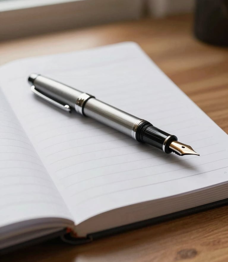 Close-up of a fountain pen resting on a clean physical ledger book on a warm wooden desk, soft side-lighting from an office window, highly professional and organized.