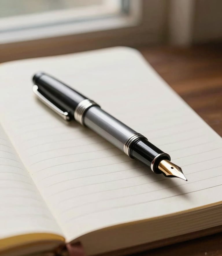 Close-up of a fountain pen resting on a physical ledger book, soft natural side-light from a window, warm editorial tones.