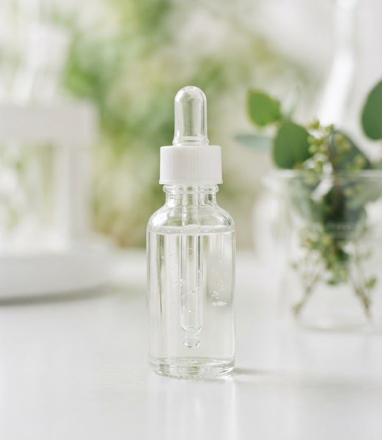 Clean laboratory photography, bright clinical daylight, a minimalist glass bottle with a clear serum, soft green botanical extract in the background, macro depth of field, 35mm