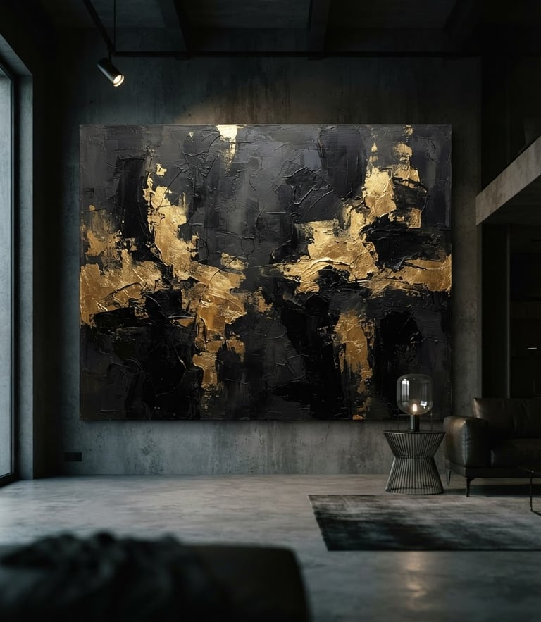 Dramatic wide-angle photograph of a massive black and gold canvas hanging in a minimalist concrete loft, low-key side lighting, deep shadows, 35mm