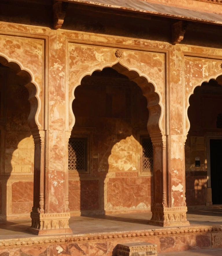 Warm golden-hour sunlight hitting the intricate sandstone arches of a Rajasthani palace courtyard, cinematic composition, 35mm lens