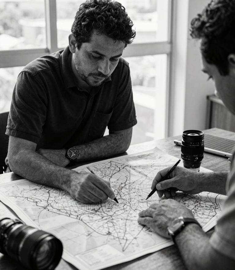Documentary portrait of urban planners analyzing a large physical map of Panama City on a wooden table, soft natural window light, 35mm lens, high contrast black and white.