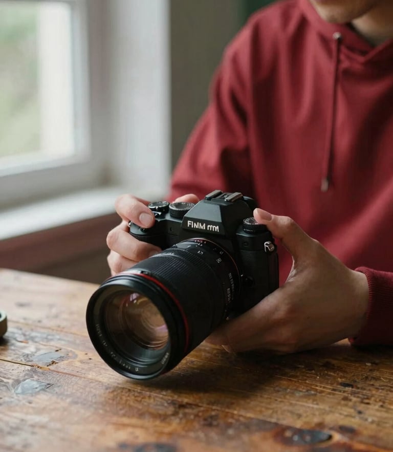 Tight environmental portrait of a photographer adjusting a camera lens over a rustic wooden table, soft north-facing window light, rich crimson accents, 35mm style