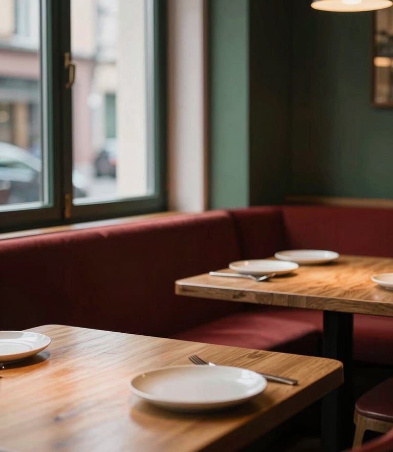 Cozy Scandinavian-style restaurant interior with warm window light, empty wooden tables, minimalist ceramic plates, moody low-key shadows