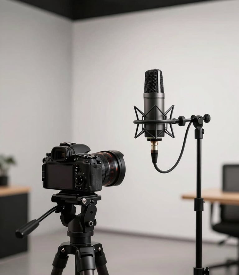 A modern, minimalist creator studio setup with a high-end microphone and camera on a tripod, soft diffused interior lighting, clean architectural lines.