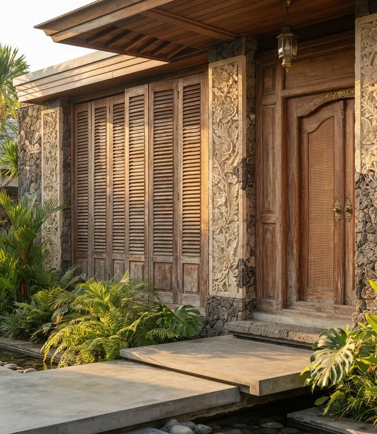 Architectural close-up of a modern luxury villa facade in Bali, showcasing premium teak wood panels and hand-carved local stone under soft morning light.