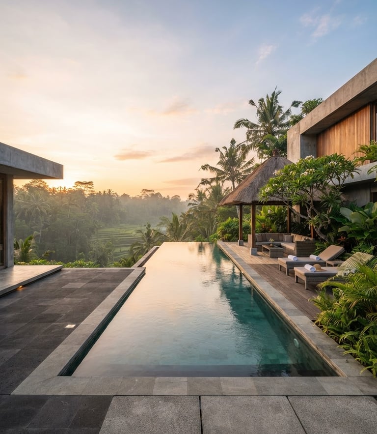 Architectural wide shot of a luxury Bali villa pool deck at sunrise, clean concrete lines, warm morning light, negative space on the left