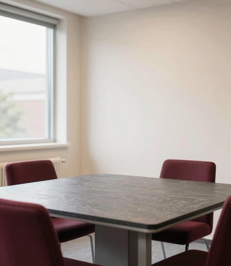 A clean modern academy interior with soft beige walls, a professional slate-topped training desk, bright natural diffused daylight, 35mm editorial photography