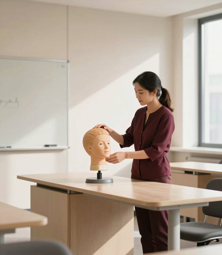 A bright, modern training academy classroom with a tutor demonstrating on a mannequin head, soft natural daylight, elegant beige tones, 35mm