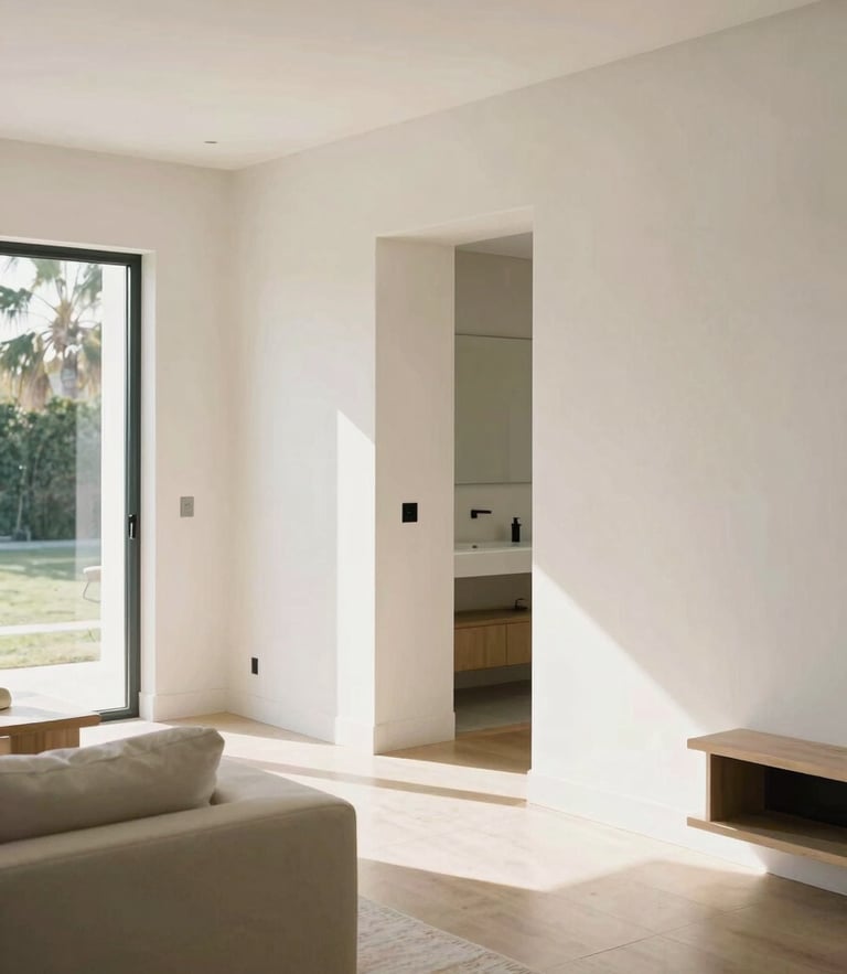 Bright sun-drenched Southern California home interior, clean modern living room with pristine plaster walls and architectural details, warm afternoon light, 35mm photography