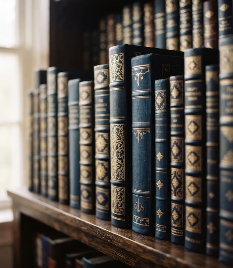 Close-up of elegant, heavy-stock book spines on a dark oak shelf, soft side window light, warm editorial tones, shallow depth of field, 35mm