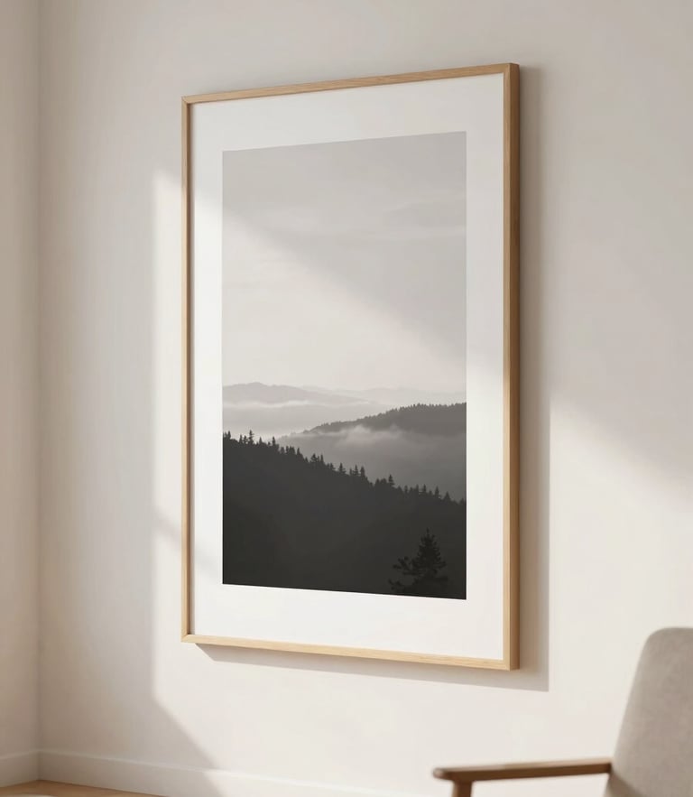 Bright modern living room with a large custom-framed vertical print on the wall, soft natural daylight, warm minimalist aesthetic, 35mm lens