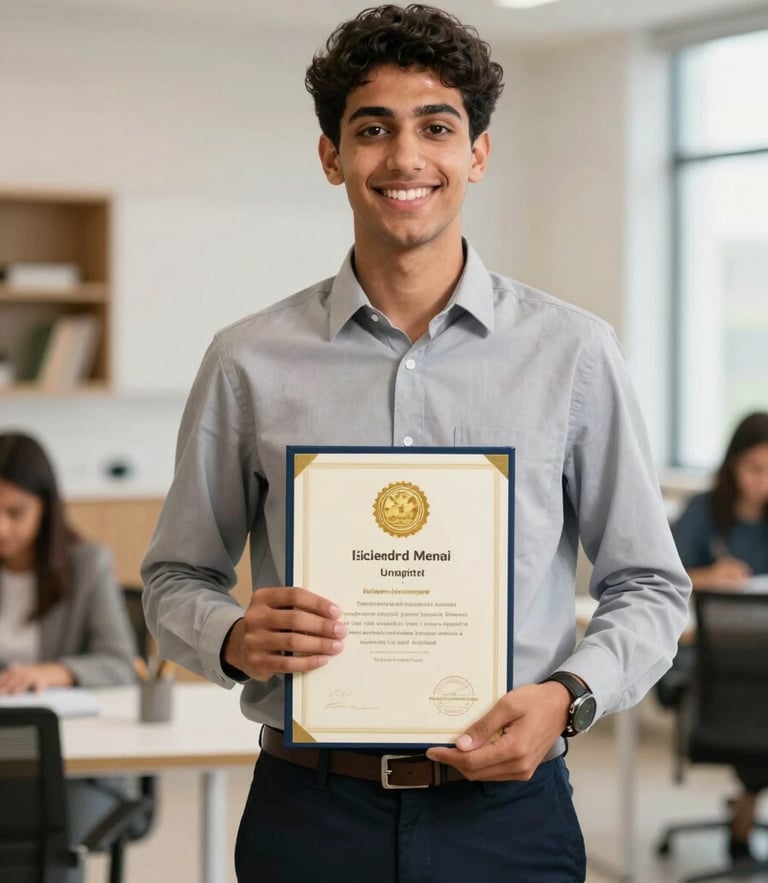 A professional portrait of an Egyptian student holding an accredited certificate with a gold embossed seal, smiling confidently, bright clean studio lighting, warm corporate tones, 35mm lens