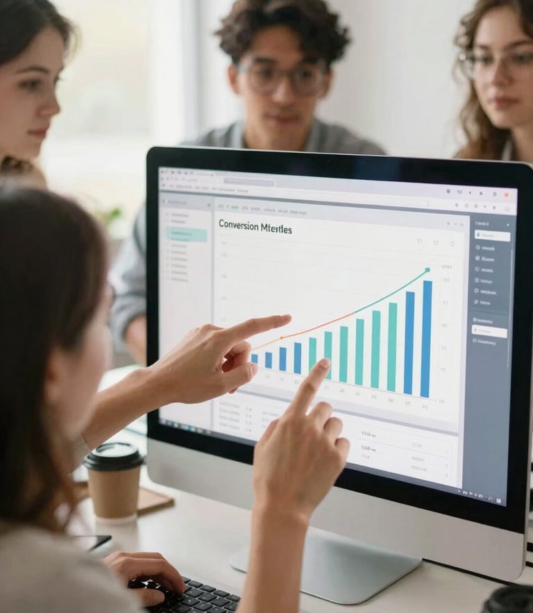 Dynamic close-up of a collaborative marketing team analyzing conversion metrics on a screen, bright candid office photography, natural daylight, warm energetic tones, shallow depth of field