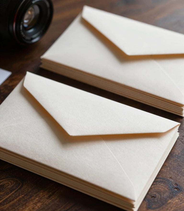 Close-up of printed brand collateral, tactile linen-textured envelopes stacked neatly on a dark oak table, soft side-lighting.