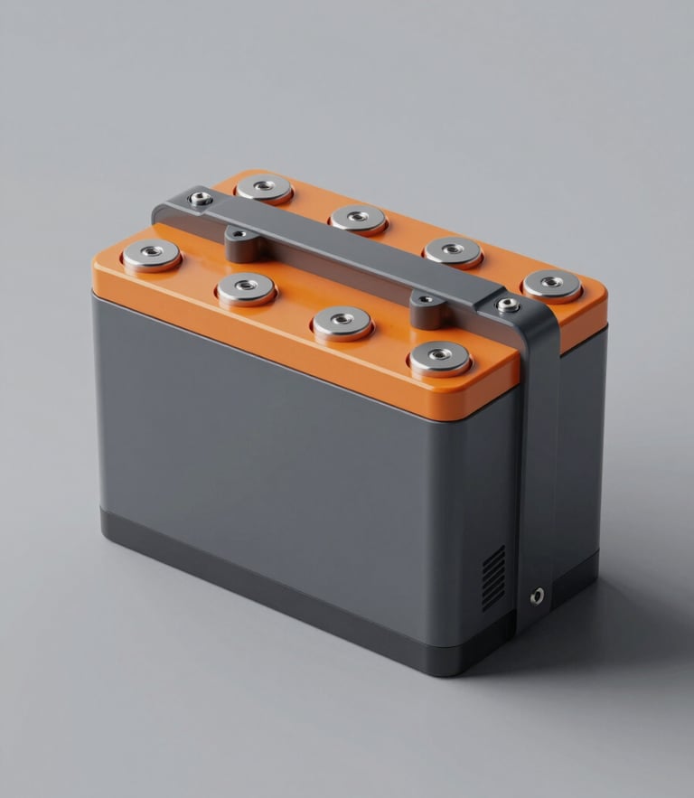 Clean industrial design render of a sleek modular battery pack, sharp studio product lighting, cool gray and orange accents, high technical detail, 50mm lens