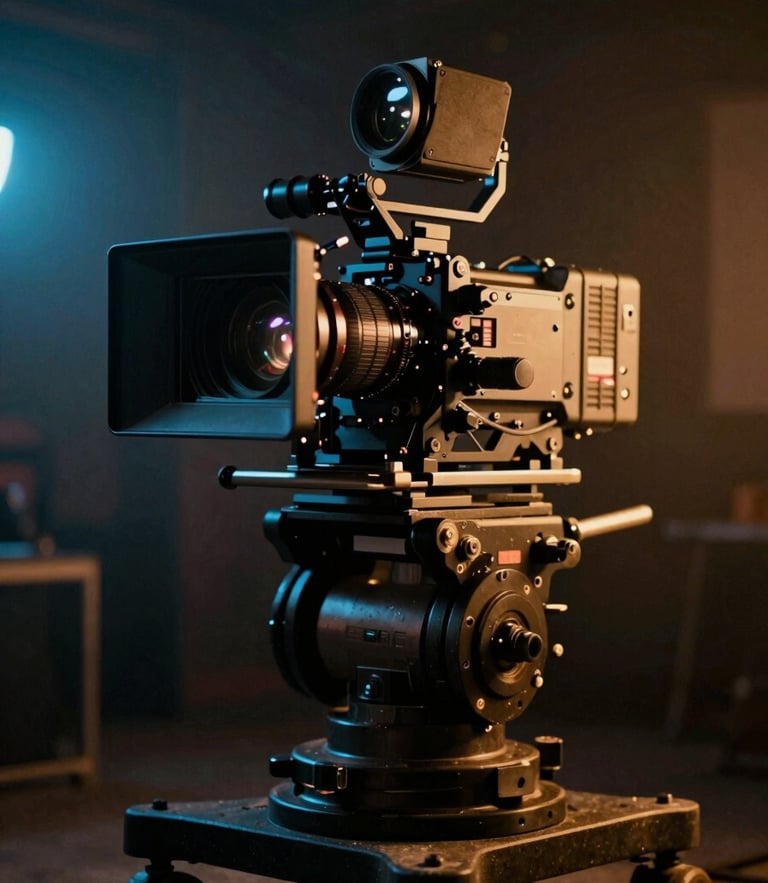 Dramatic close-up of a high-end cinema camera rig on a dolly, low-key lighting, warm practical glow contrasting with cool blue key light, shallow depth of field, anamorphic lens flare