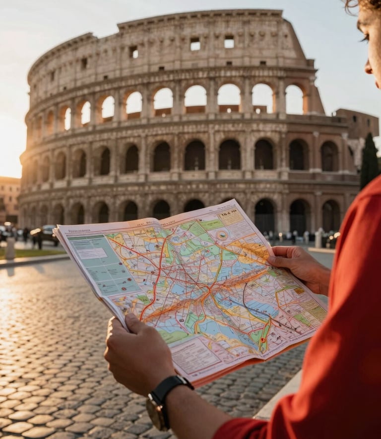 Elegant close-up of a traveler holding an open map on a cobblestone street in Rome, warm golden hour light, 35mm photography