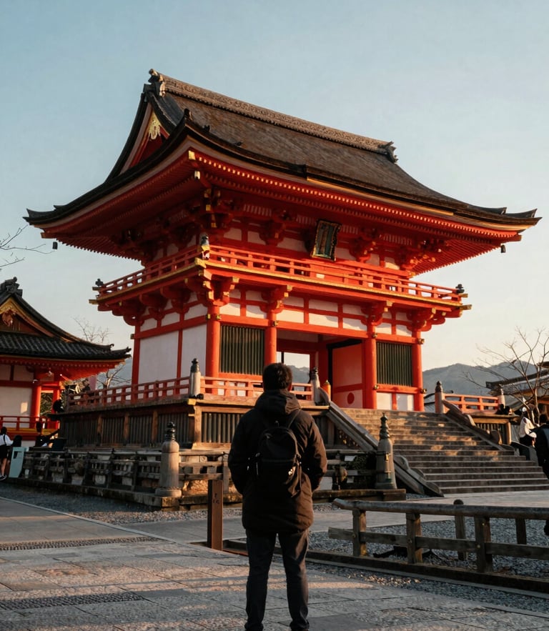 Wide-angle editorial travel photo of a traveler viewing a majestic ancient temple in Kyoto during golden hour, warm natural light, high-contrast sun and shadow, elegant 35mm composition