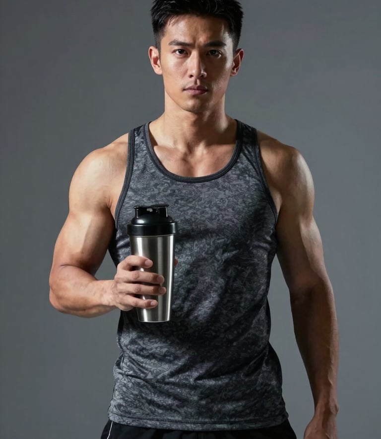 High-contrast studio portrait of a male fitness creator in modest athletic wear, cool tones, sharp lighting, holding a clean stainless steel shaker bottle, negative space on the right.