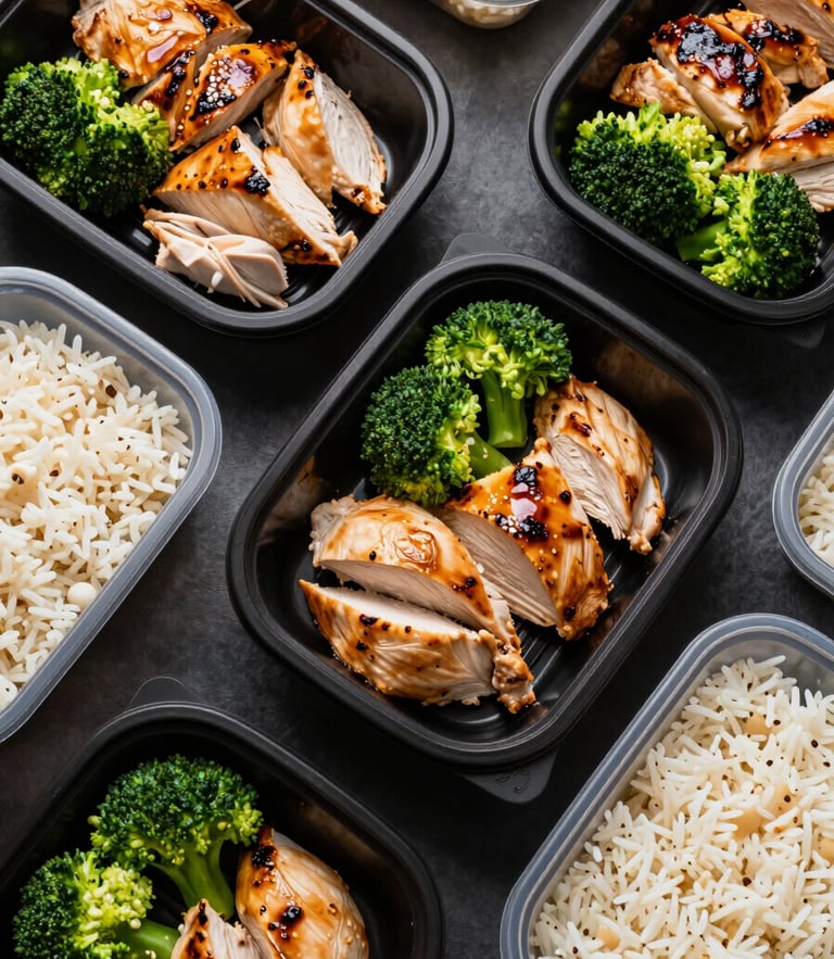 Overhead shot of structured meal-prep containers with clean, high-protein foods, macro-balanced chicken, broccoli, and rice, high-contrast studio lighting.