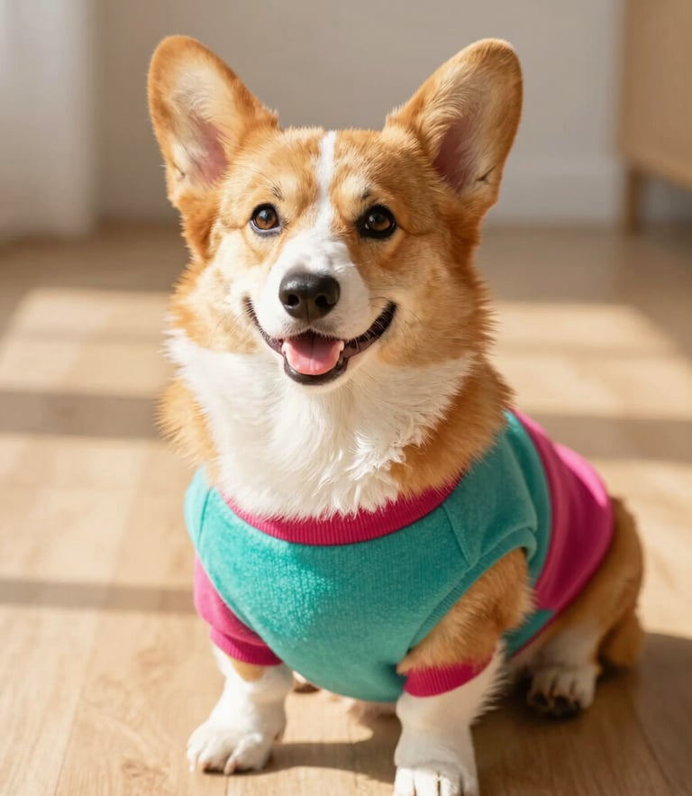 Bright natural light photo of a happy, smiling corgi dog sitting on a sunny wooden floor, wearing a colorful custom-fit teal and magenta sweater, warm tones, shallow depth of field
