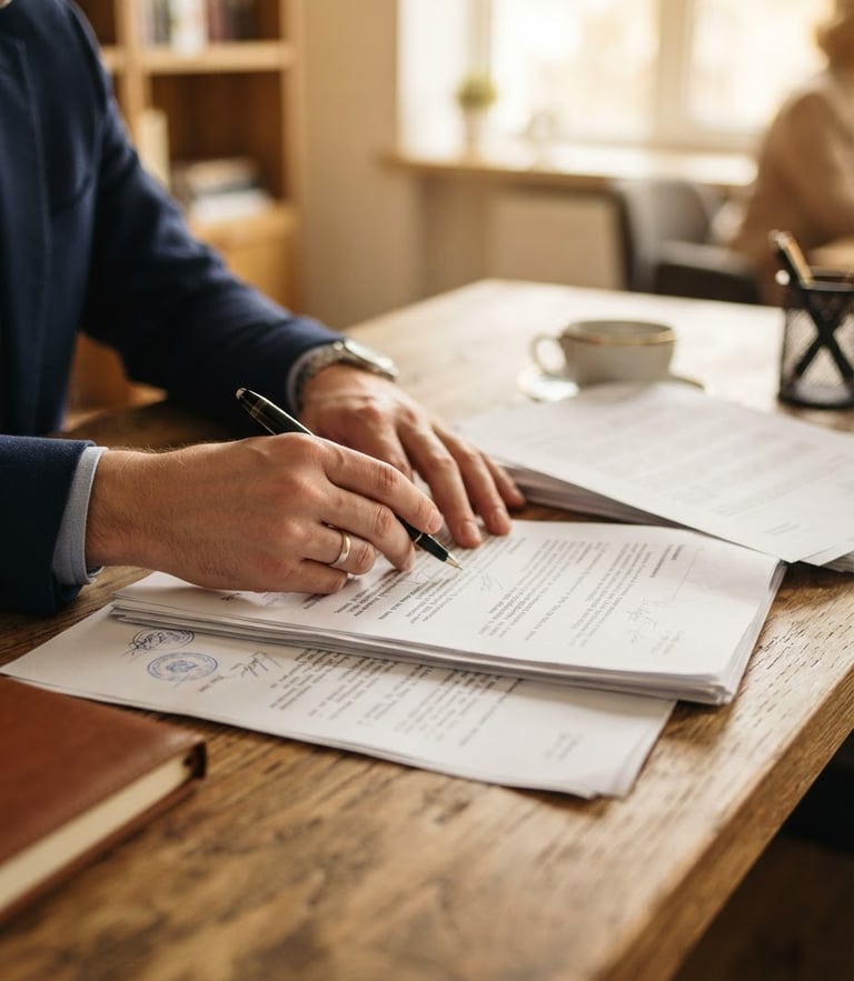 Close-up of professional hands reviewing structured legal contracts on a warm wooden desk, soft natural light, 35mm lens