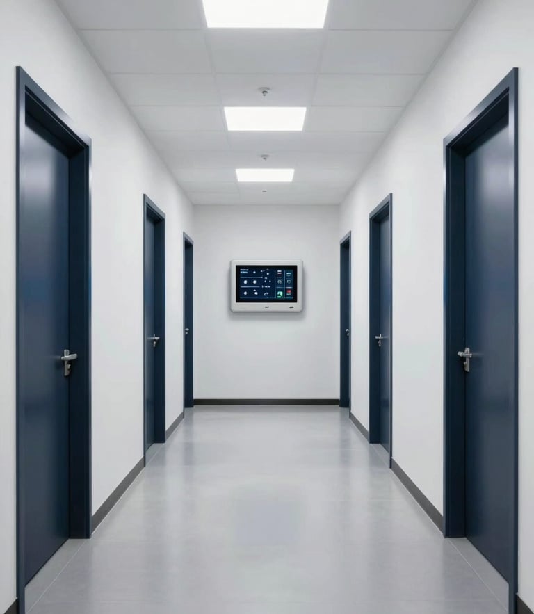 Wide symmetrical perspective of a spotless, brightly lit warehouse corridor with climate-control monitoring interfaces on the wall, clean white overhead lighting, high-contrast navy doors.