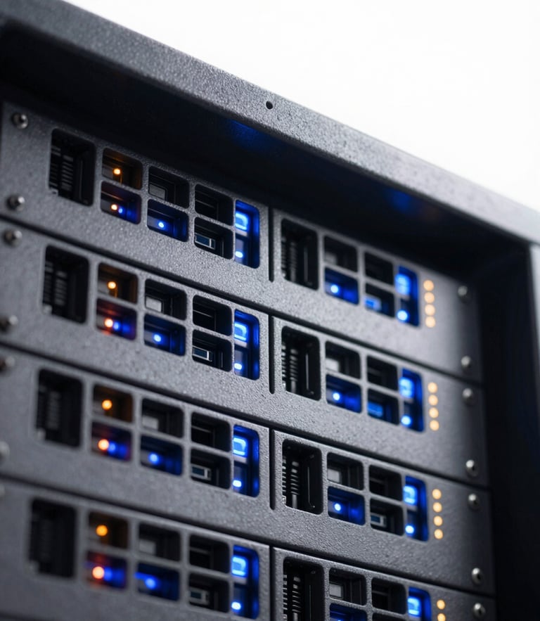 Close-up macro of server rack with glowing electric blue and orange indicator lights, crisp high-key studio light, sharp focus, minimalist tech composition, 35mm lens