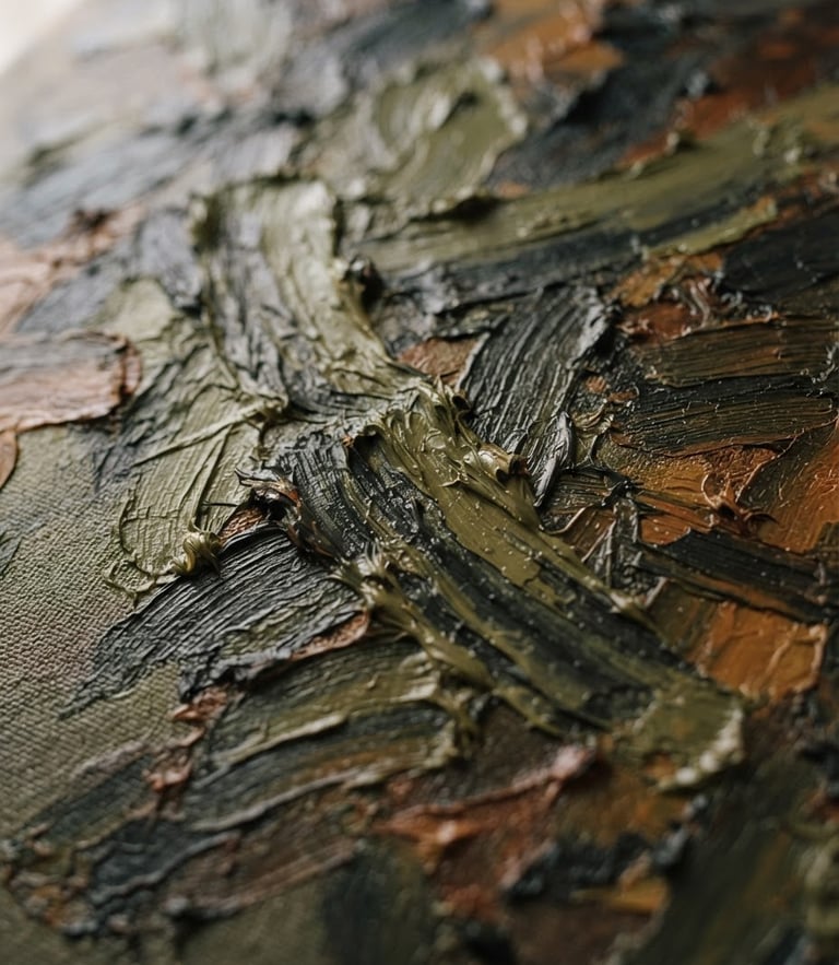 Macro close-up of thick, textured oil paint strokes on canvas, rich earth tones of olive and charcoal, soft side lighting emphasizing the physical ridges of the paint.