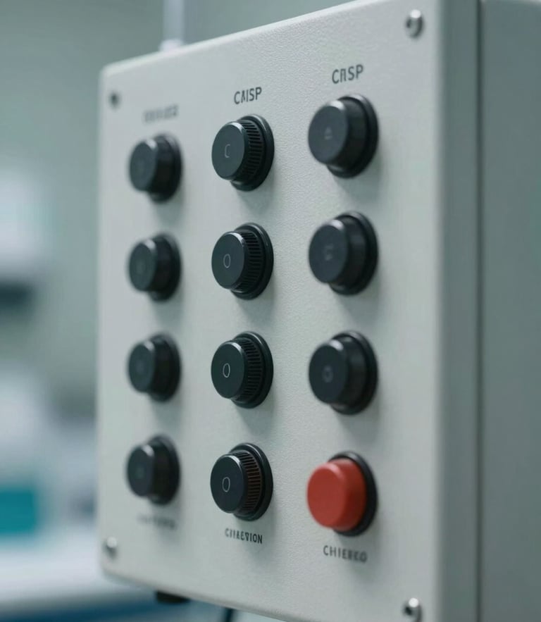 Crisp macro shot of a medical equipment control panel, sterile environment with cool-toned professional lighting, high-contrast details.