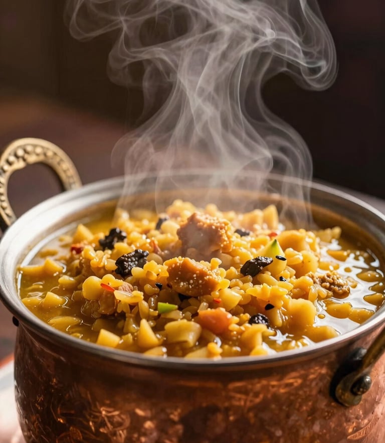 Close-up of steam rising from a traditional copper serving vessel filled with rich dal, warm side-lighting, shallow depth of field.