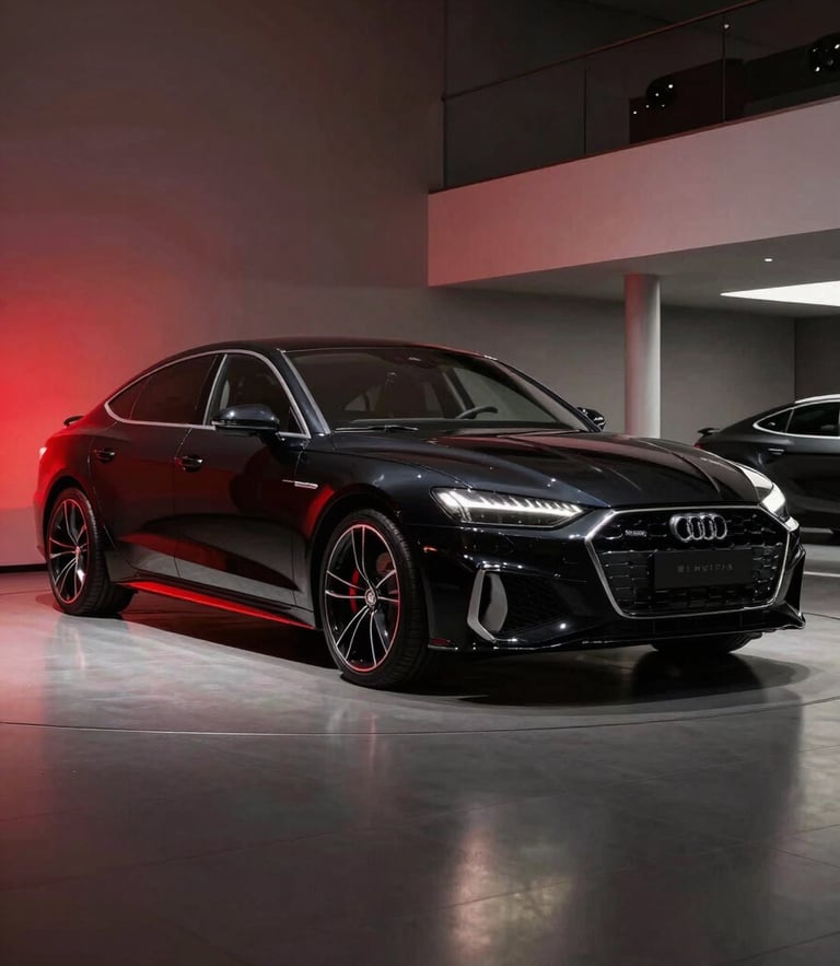 Low-angle heroic shot of a polished modern sports sedan parked in a clean minimalist showroom, dramatic studio lighting with deep shadows and subtle crimson reflections