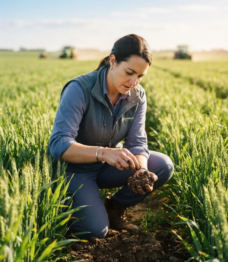 An agronomist in bright morning light holding a soil sample in a vibrant commercial crop field, rich earth tones, shallow depth of field, 35mm