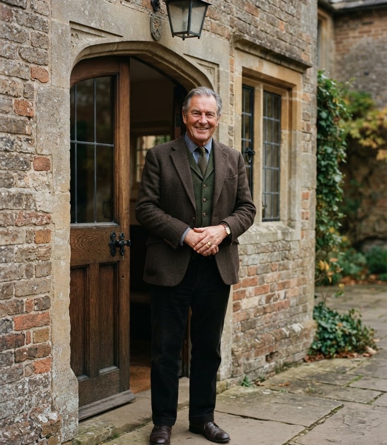 Candid portrait of an asset owner standing near a secure brick entryway, soft natural daylight, muted earthy tones, medium format film
