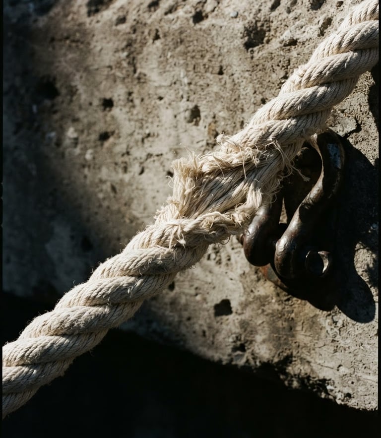 Macro detail of heavy-gauge organic cotton cord pulled under extreme tension, harsh side-lighting casting deep shadows, concrete background, 35mm photography